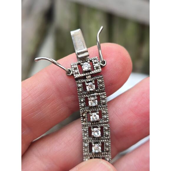 Vintage Sterling Silver Marcasite & Clear Crystal Choker Necklace & Bracelet Set - Picture 7 of 10